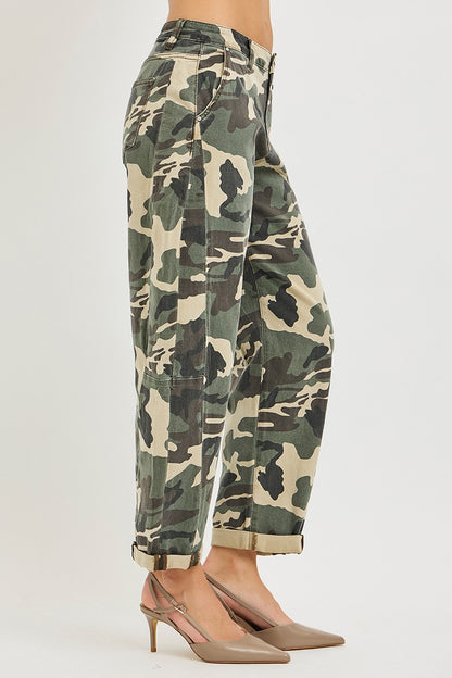 Risen High Rise Ankle Barrel Double Roll Up Pants - Camo - Brazos Avenue Market 