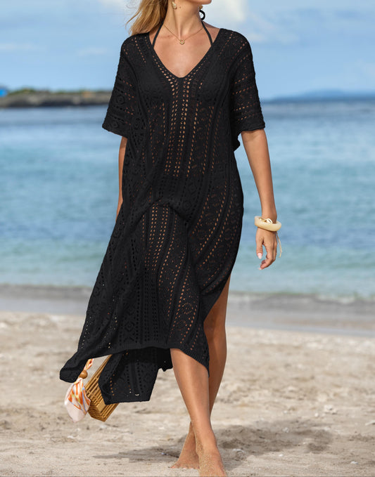 Crochet V-neck High Side Slits Cover Ups - Brazos Avenue Market 