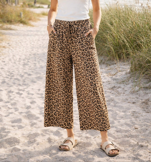 Leopard Print Rib Fabric Wide Leg Drawstring Pants - Brazos Avenue Market 