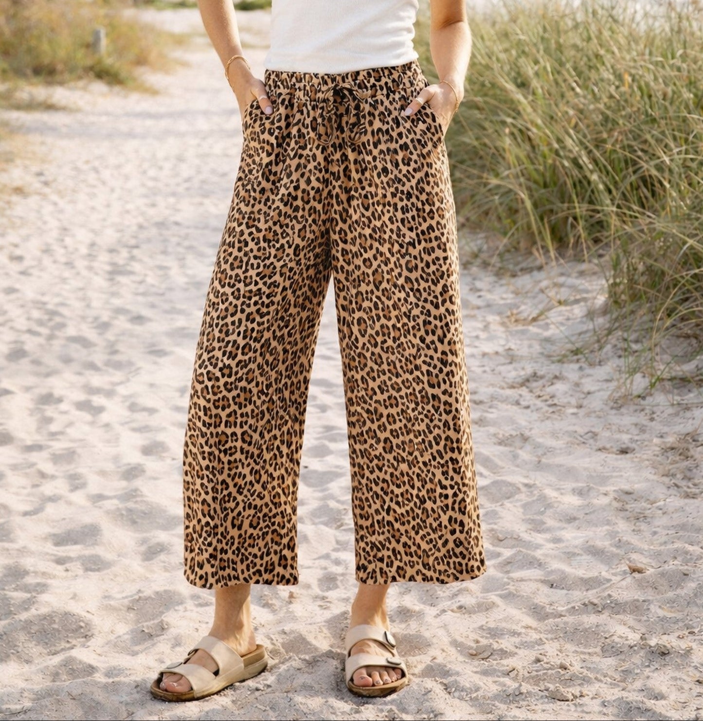Leopard Print Rib Fabric Wide Leg Drawstring Pants - Brazos Avenue Market 
