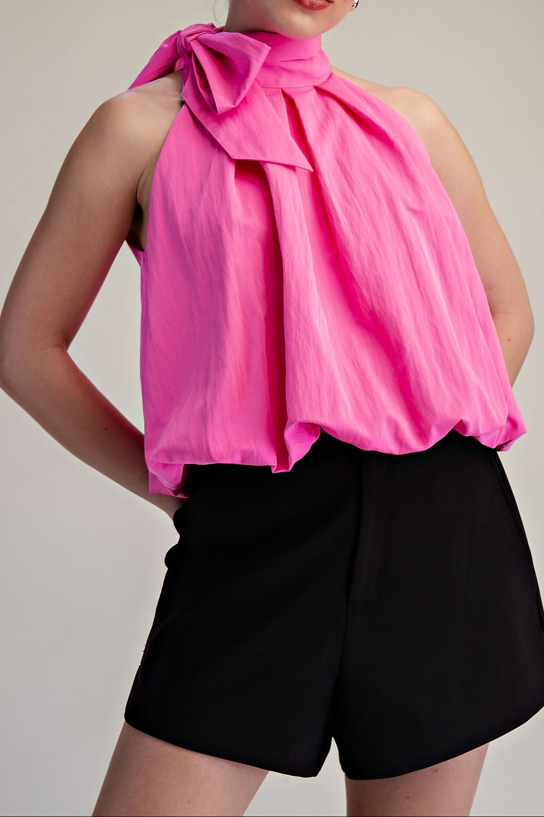 High Neck Tie Wrap Balloon Sleeveless Top