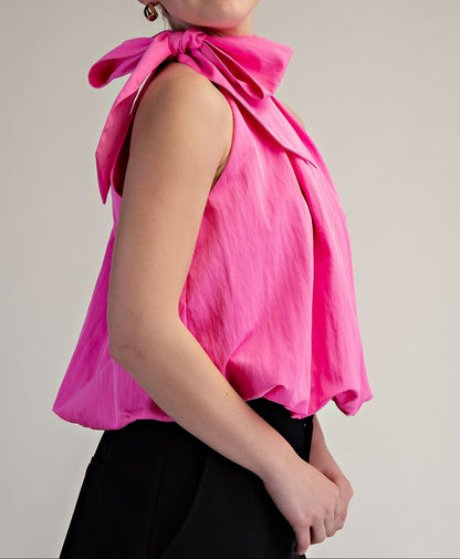High Neck Tie Wrap Balloon Sleeveless Top
