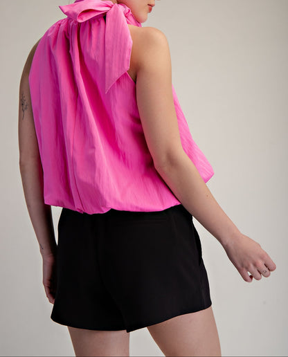 High Neck Tie Wrap Balloon Sleeveless Top