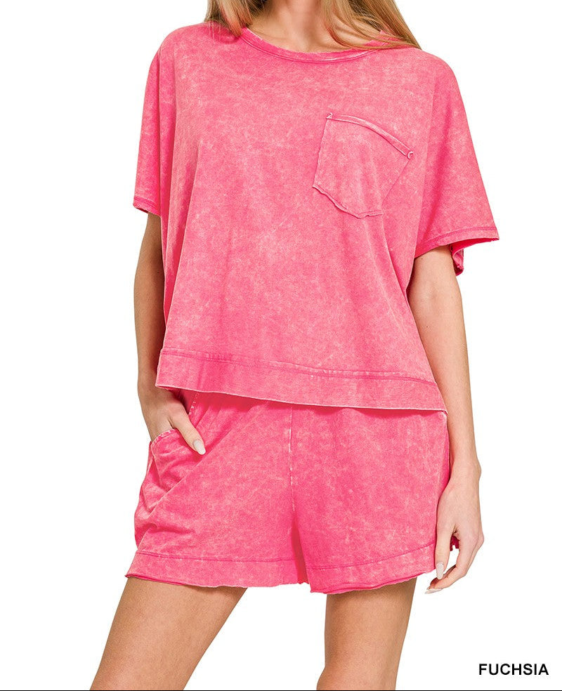 Acid Washed Oversized Top & Shorts Set