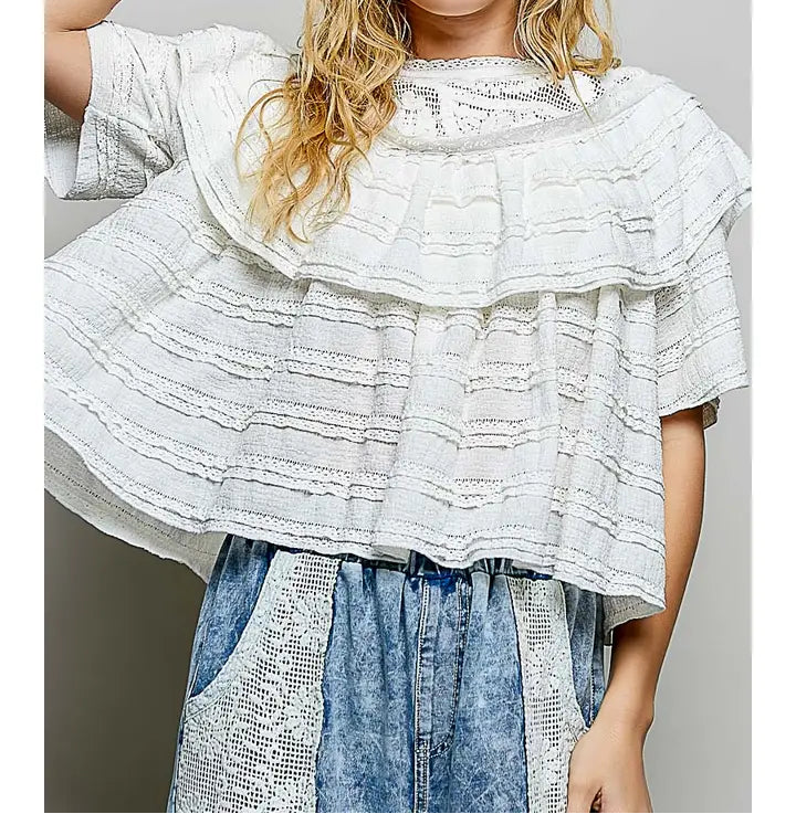 Short Sleeve Round Neck Lace Crochet Patch Ruffle Knit Top