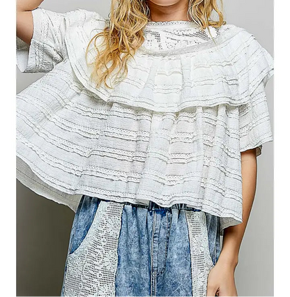 Short Sleeve Round Neck Lace Crochet Patch Ruffle Knit Top