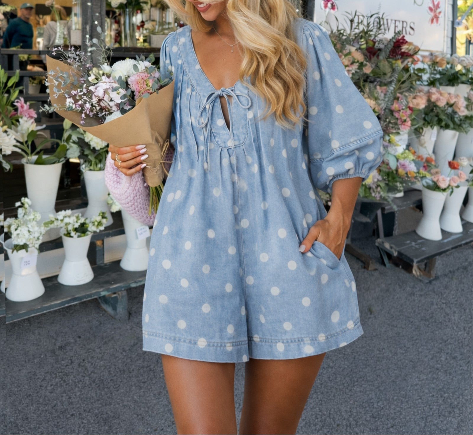 Pleated V-neck Dot Mini With Front Tie - Brazos Avenue Market 