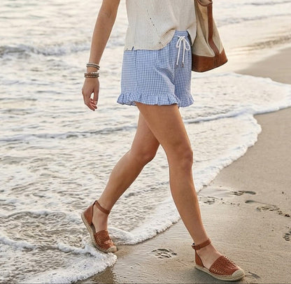 Checkered Woven Ruffle Hem Shorts - Brazos Avenue Market 