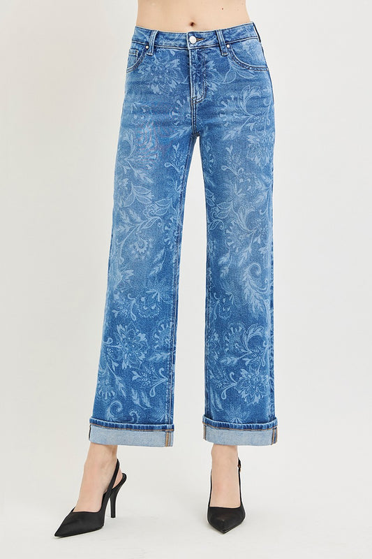 Risen Mid Rise Ankle Straight Print Details Jeans - Brazos Avenue Market 