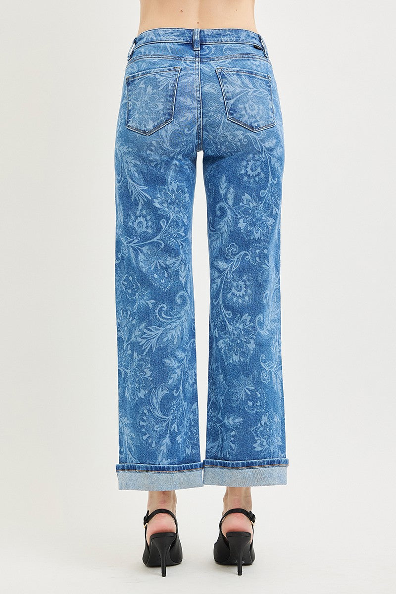 Risen Mid Rise Ankle Straight Print Details Jeans - Brazos Avenue Market 