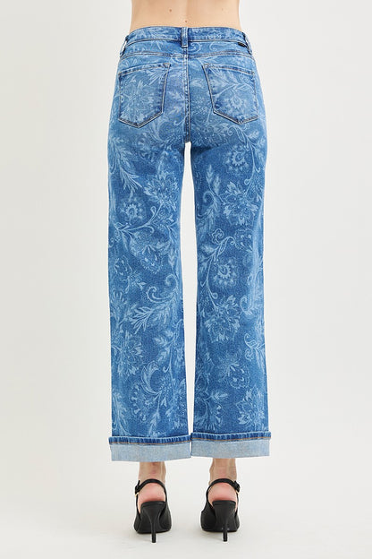 Risen Mid Rise Ankle Straight Print Details Jeans - Brazos Avenue Market 