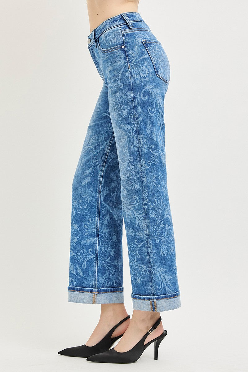 Risen Mid Rise Ankle Straight Print Details Jeans - Brazos Avenue Market 