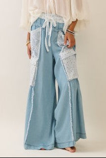 Wide Leg Pants With Lace Patch - Brazos Avenue Market 