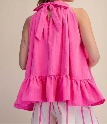 Halter Neck Sleeveless Back Neck Tie Ruffle Top