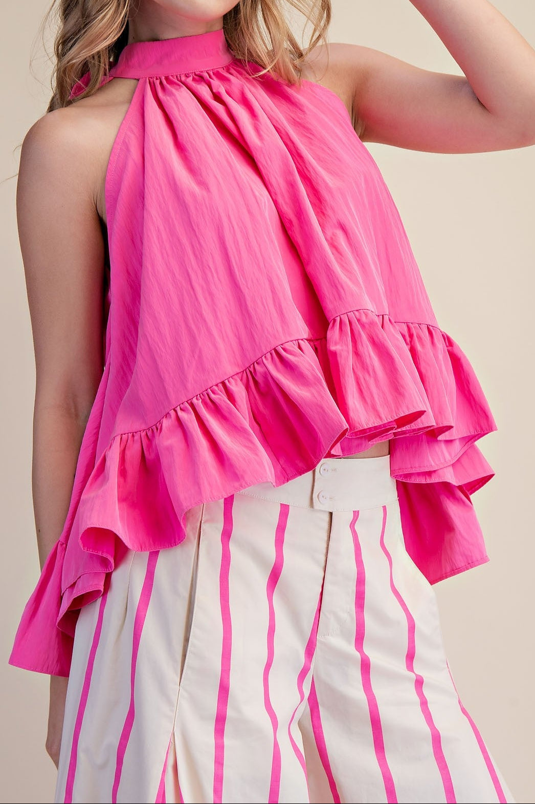 Halter Neck Sleeveless Back Neck Tie Ruffle Top