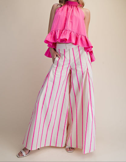 Halter Neck Sleeveless Back Neck Tie Ruffle Top