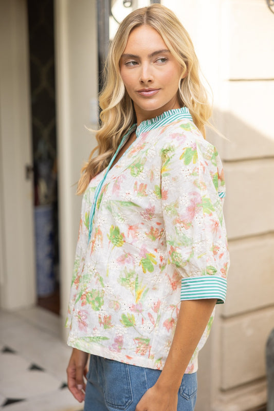 Stripe Contrast Floral Embroidered Top - Brazos Avenue Market 