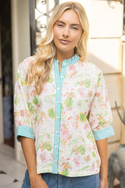 Stripe Contrast Floral Embroidered Top - Brazos Avenue Market 