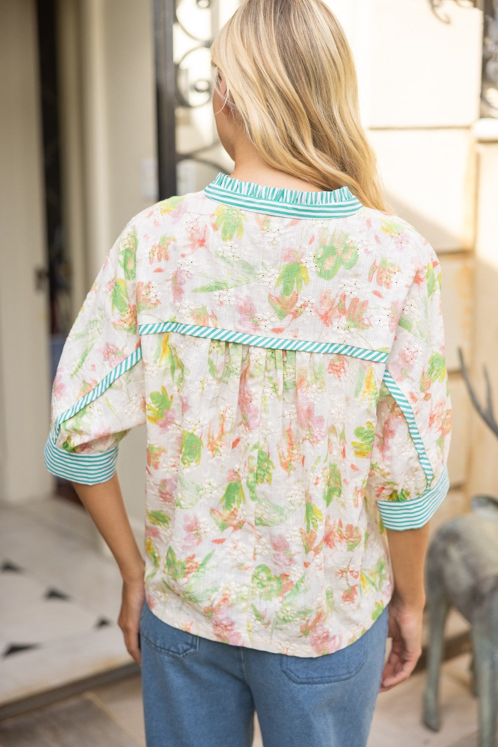 Stripe Contrast Floral Embroidered Top - Brazos Avenue Market 