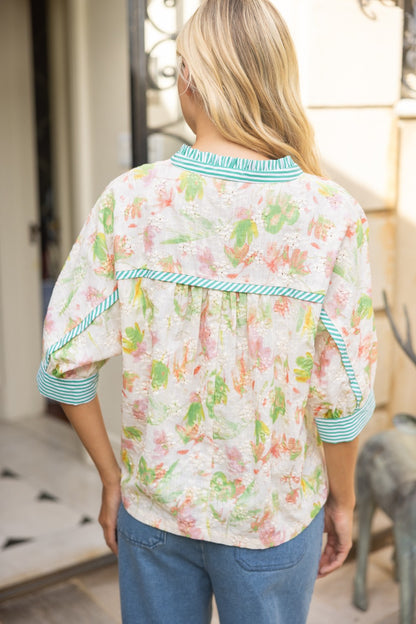 Stripe Contrast Floral Embroidered Top - Brazos Avenue Market 