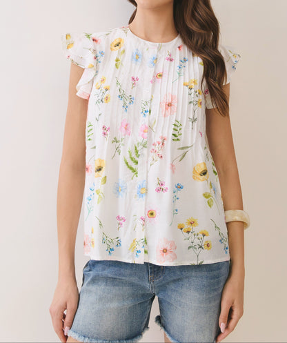 Off White Floral Pleated Detail Ruffle Sleeve Top - Brazos Avenue Market 