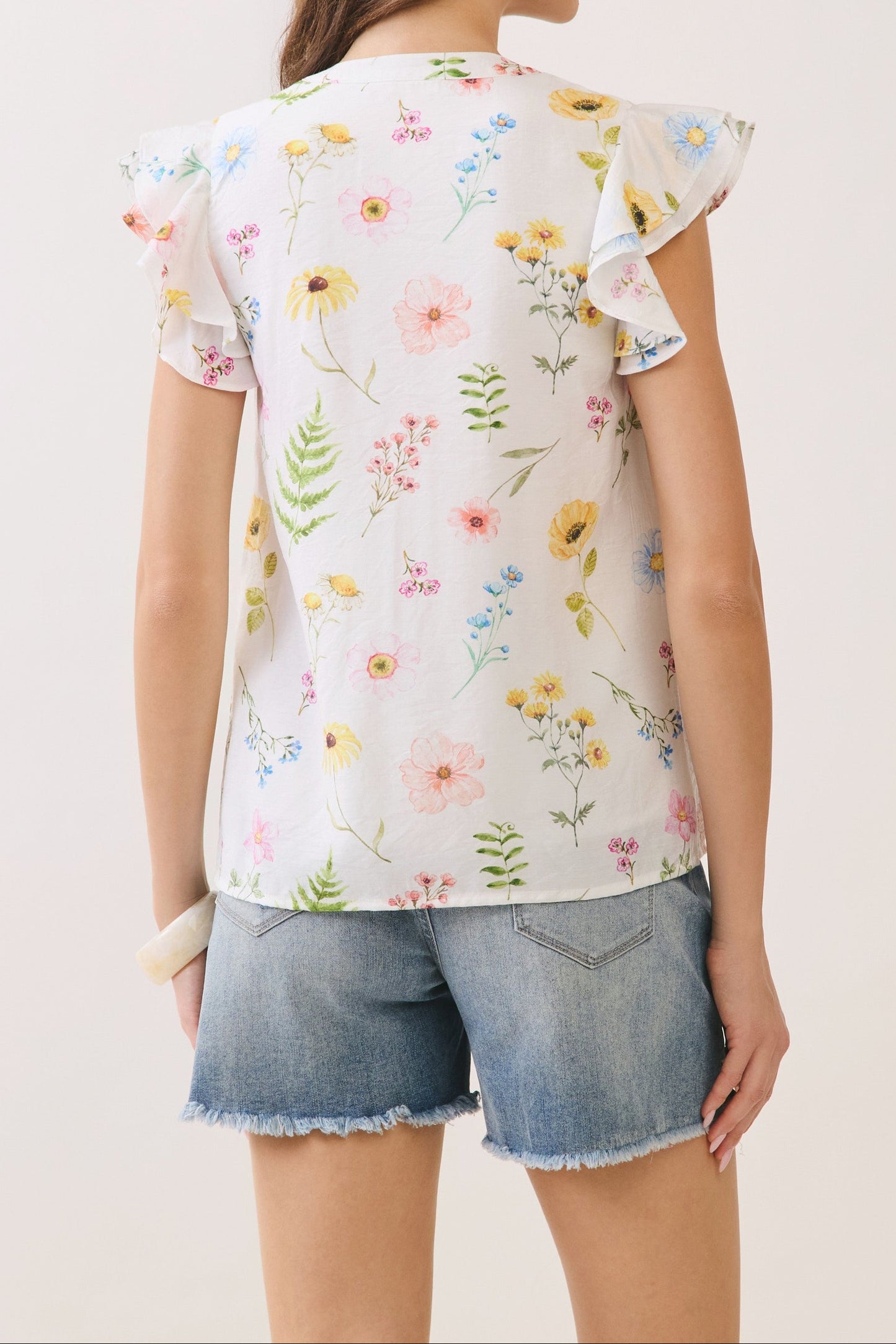 Off White Floral Pleated Detail Ruffle Sleeve Top - Brazos Avenue Market 