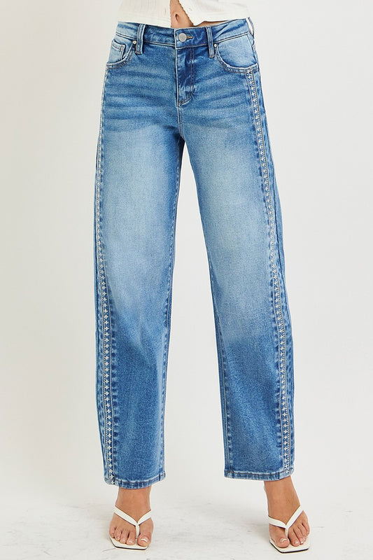 Risen Jeans High Rise Ankle Barrel Embo Detailed Jeans