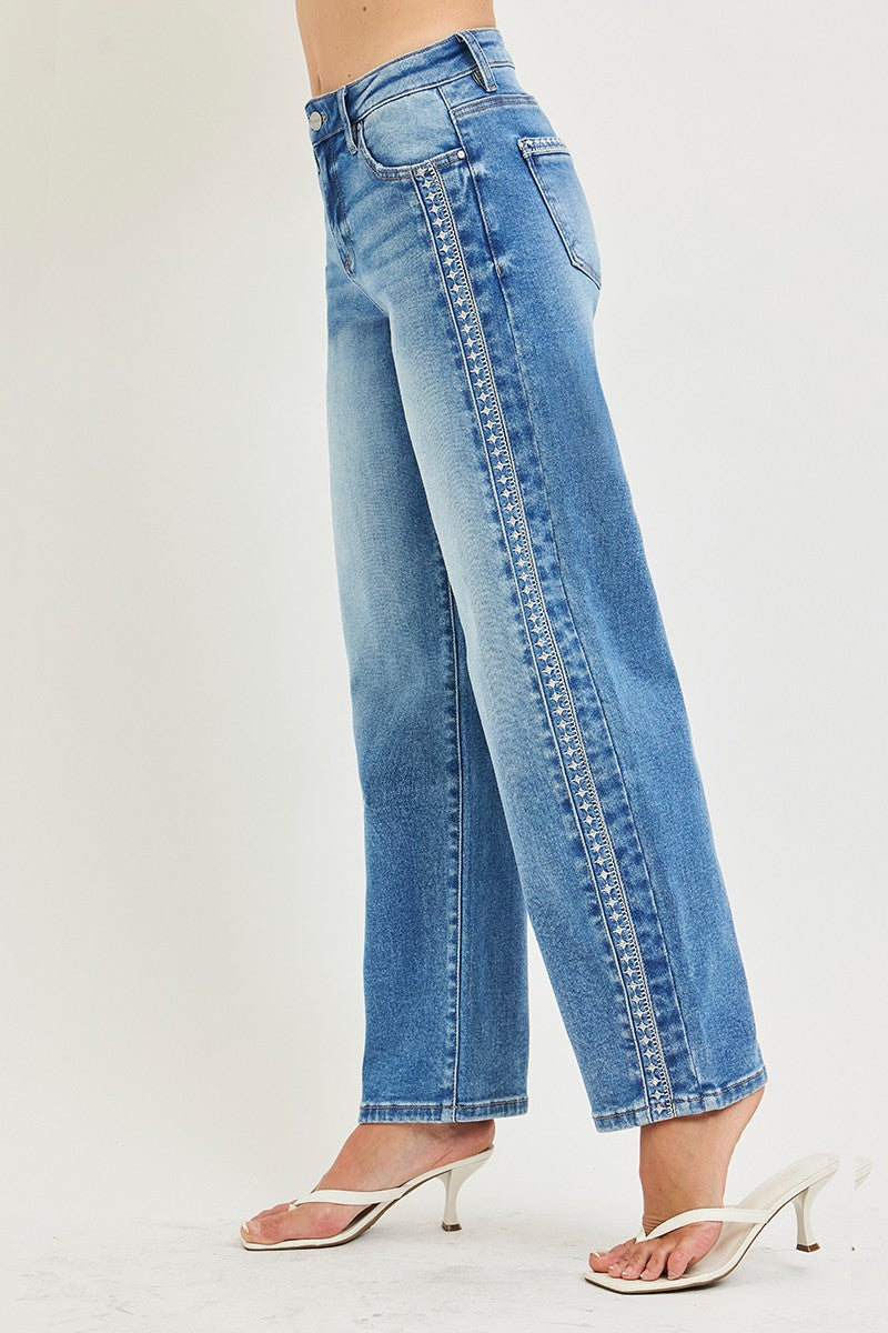 Risen Jeans High Rise Ankle Barrel Embo Detailed Jeans
