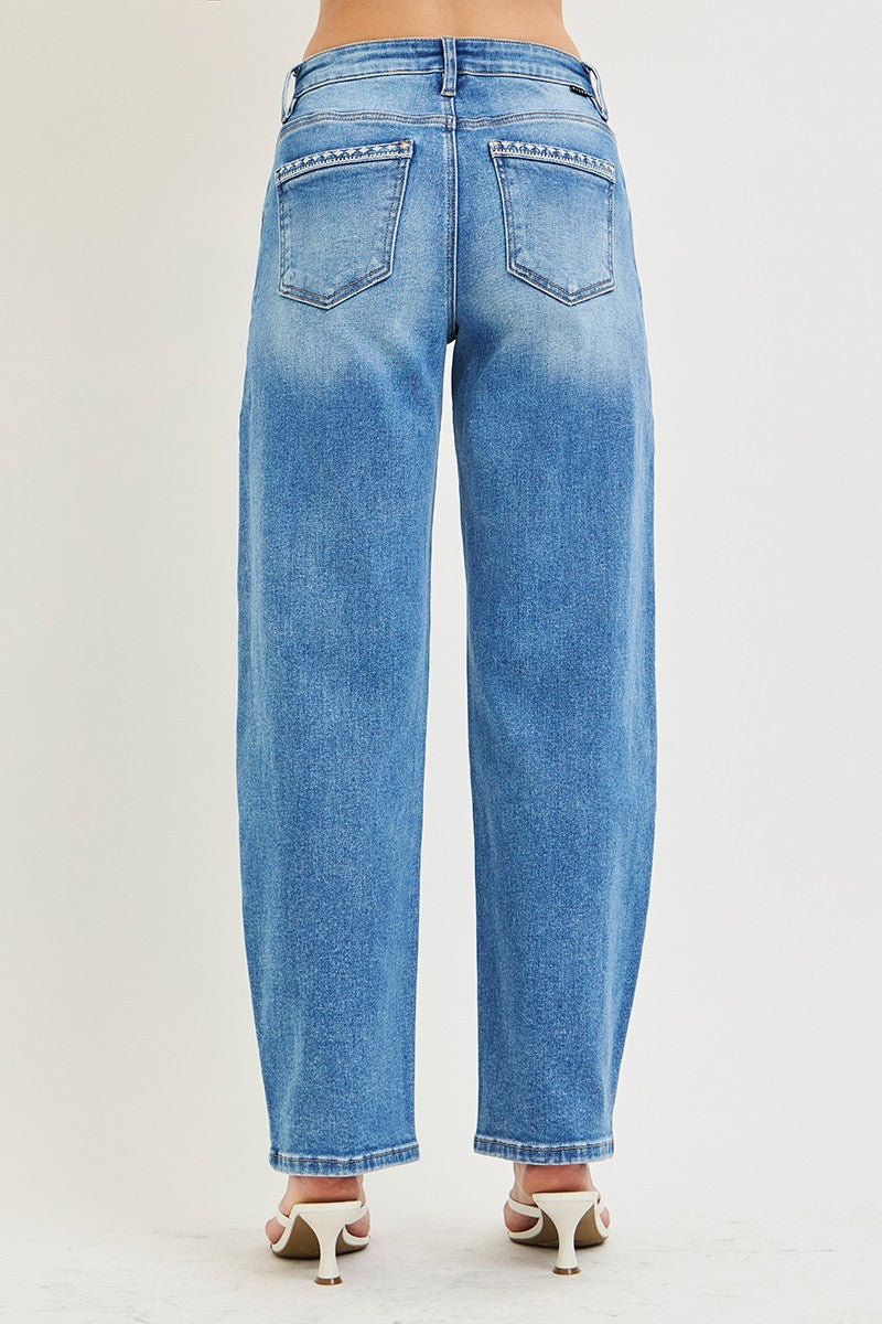 Risen Jeans High Rise Ankle Barrel Embo Detailed Jeans
