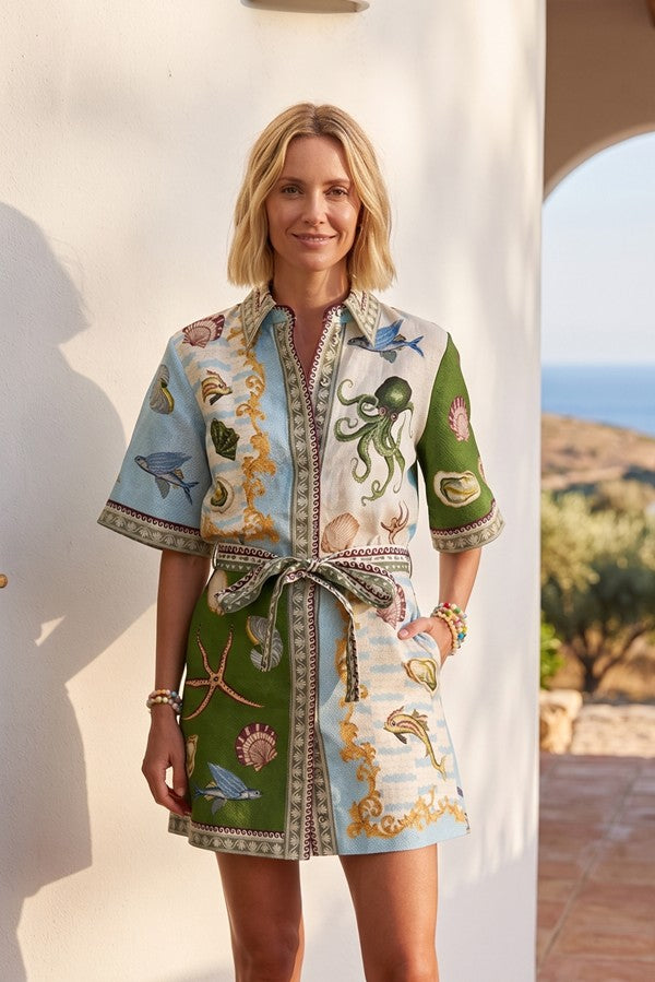 Printed Linen Mini Shirt Dress