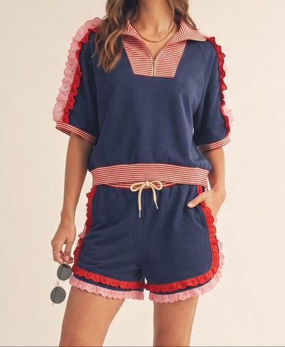 Graceful Ruffle Accent Stripe Shorts Set