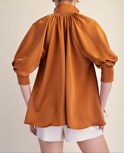 Rust Mock Neck Band Half Zip Puff Elbow Sleeve Blouse