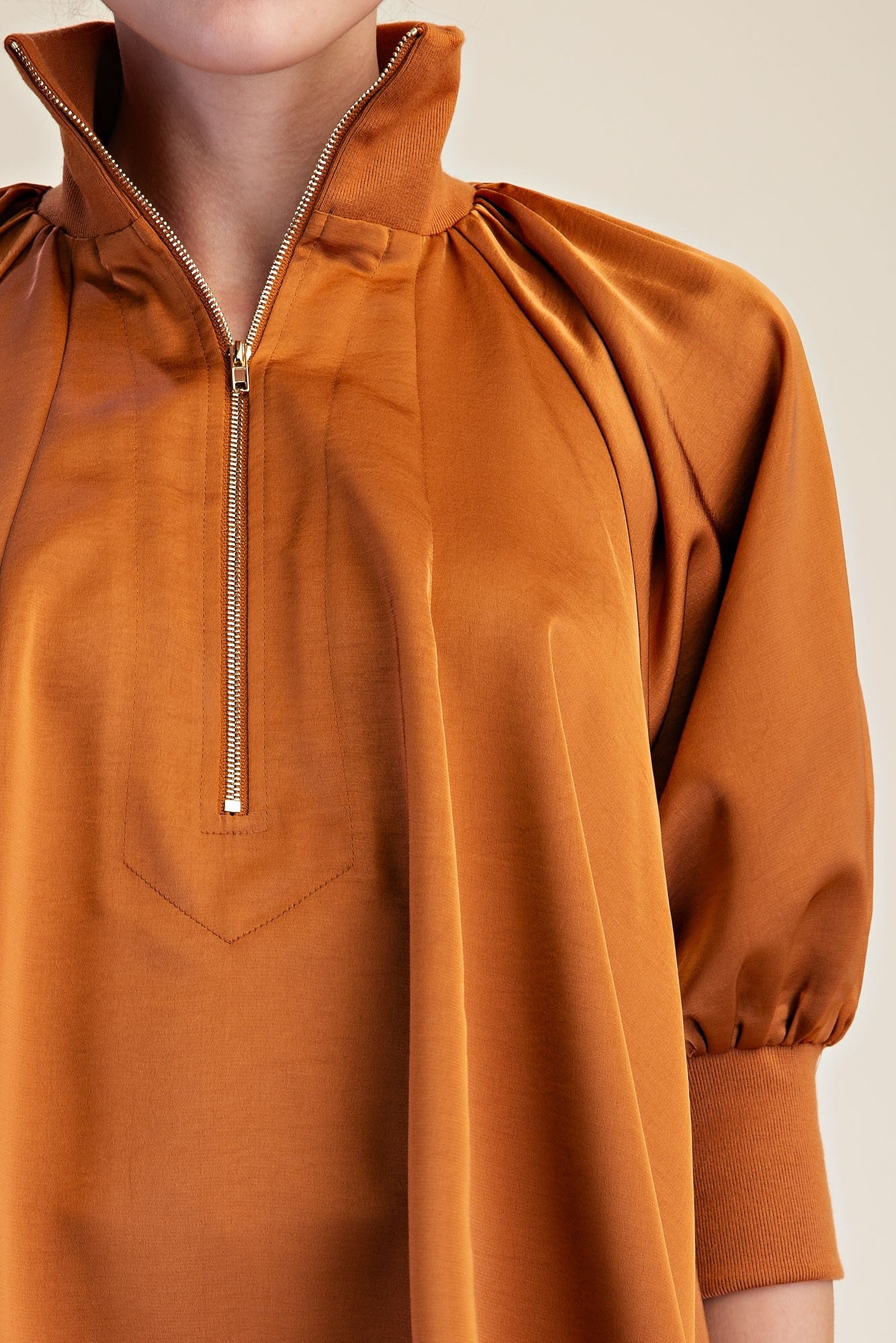 Rust Mock Neck Band Half Zip Puff Elbow Sleeve Blouse
