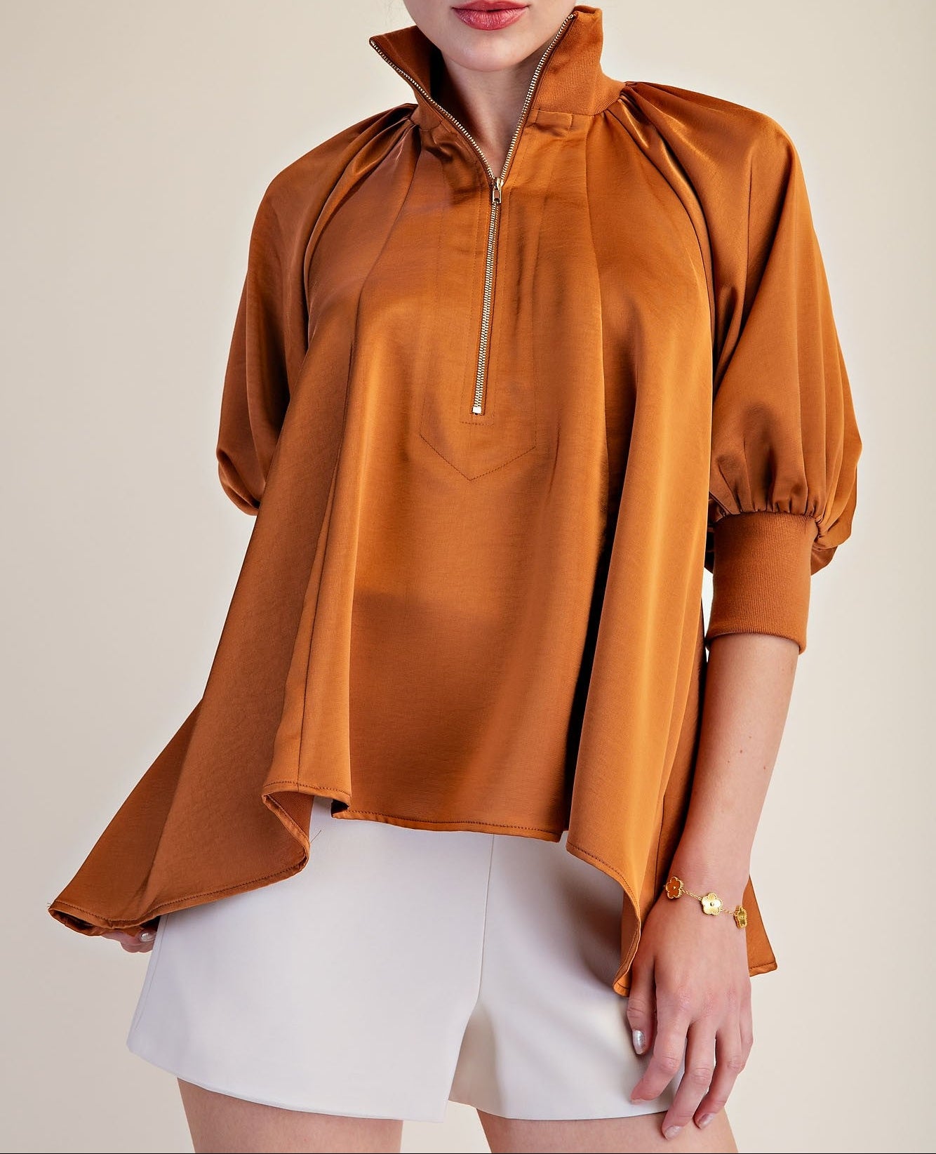 Rust Mock Neck Band Half Zip Puff Elbow Sleeve Blouse