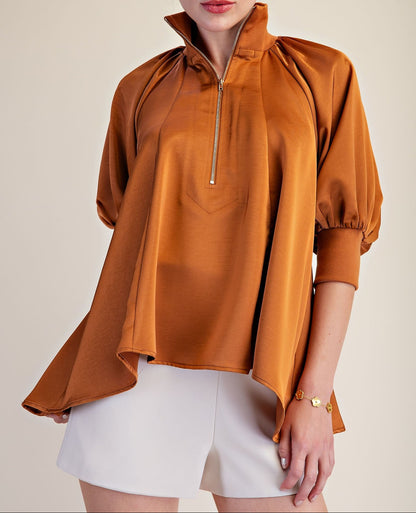 Rust Mock Neck Band Half Zip Puff Elbow Sleeve Blouse