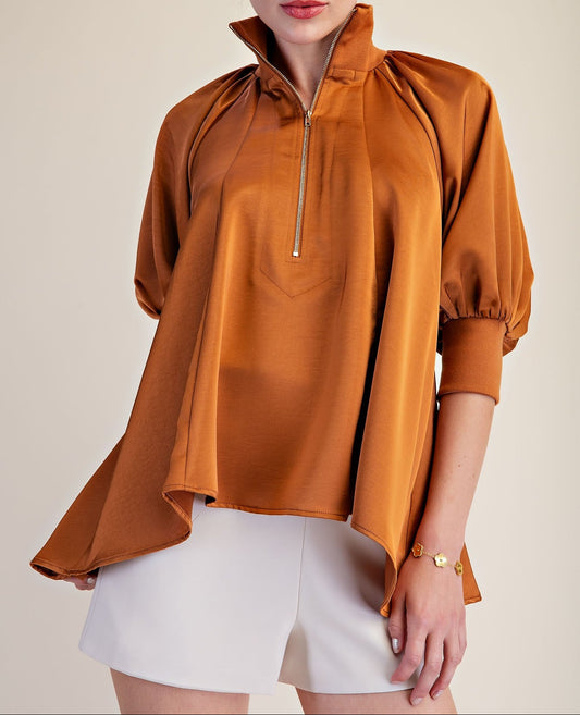 Rust Mock Neck Band Half Zip Puff Elbow Sleeve Blouse