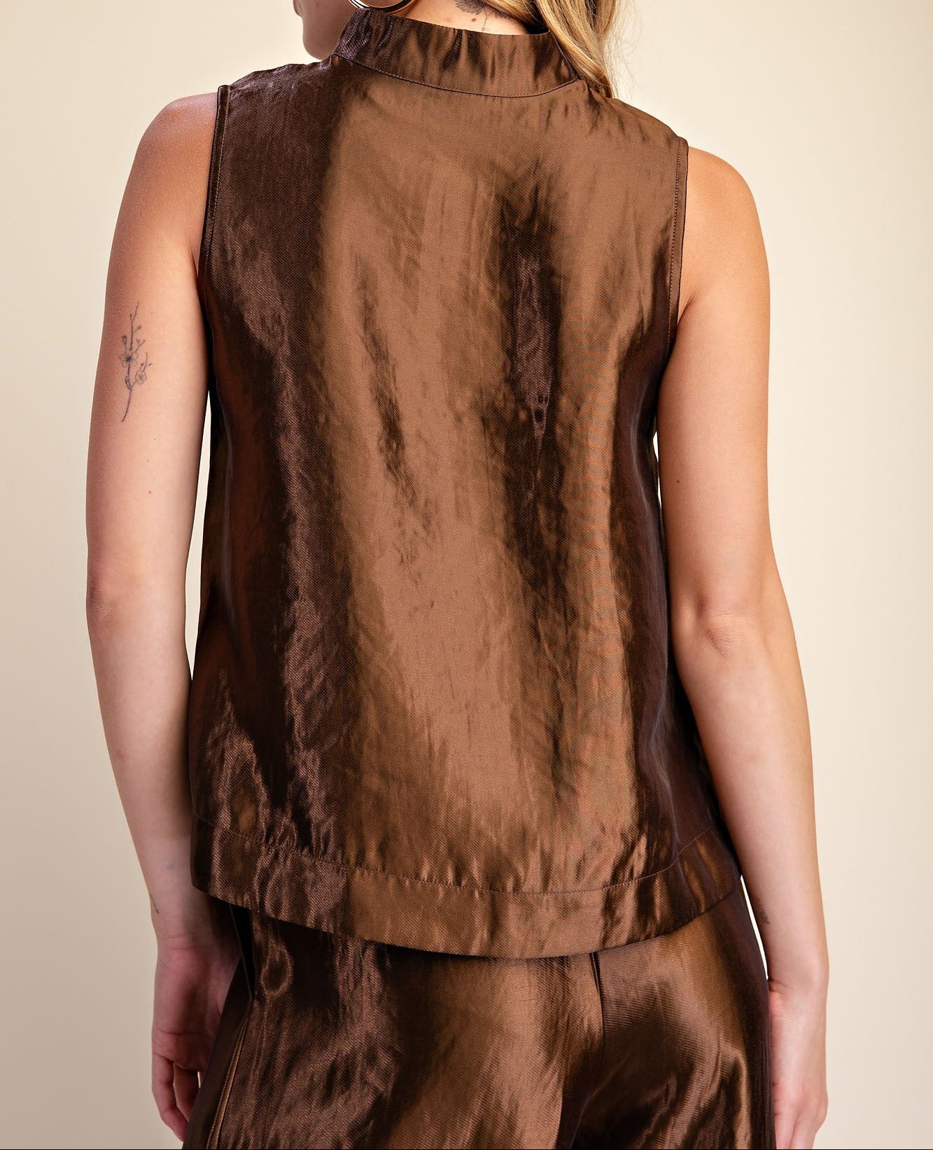Metallic Brown Stand Collar Slit V-neck Sleeveless Top