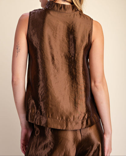 Metallic Brown Stand Collar Slit V-neck Sleeveless Top