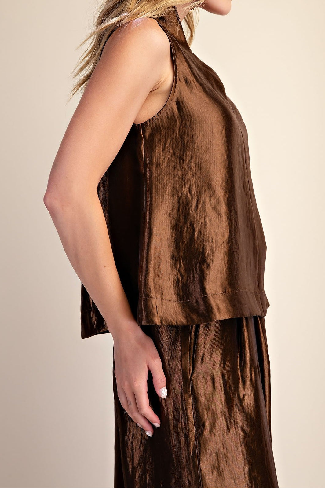 Metallic Brown Stand Collar Slit V-neck Sleeveless Top