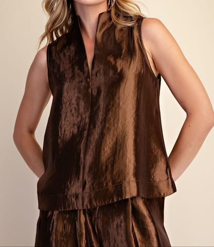 Metallic Brown Stand Collar Slit V-neck Sleeveless Top