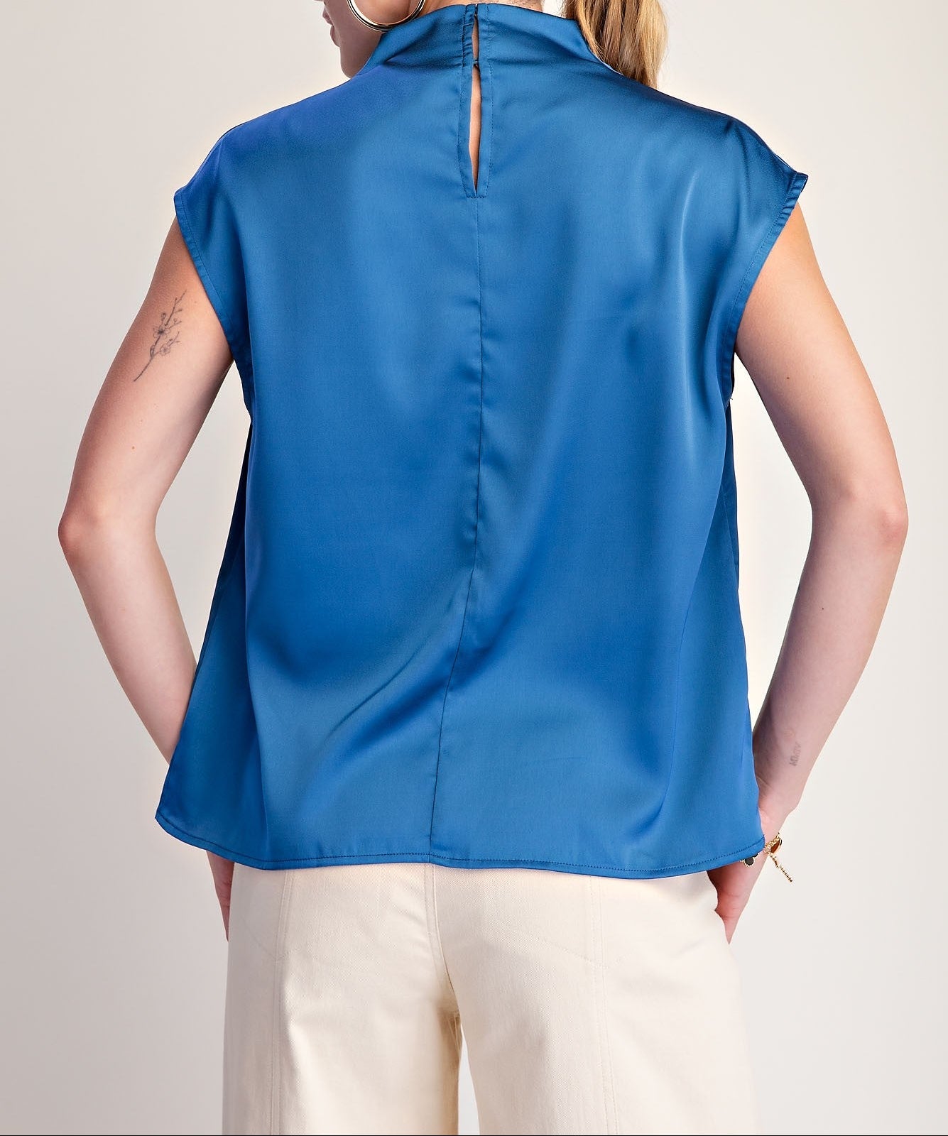 Blue Cowl Neck Sleeveless Satin Top
