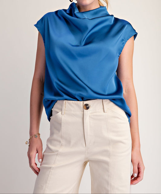 Blue Cowl Neck Sleeveless Satin Top