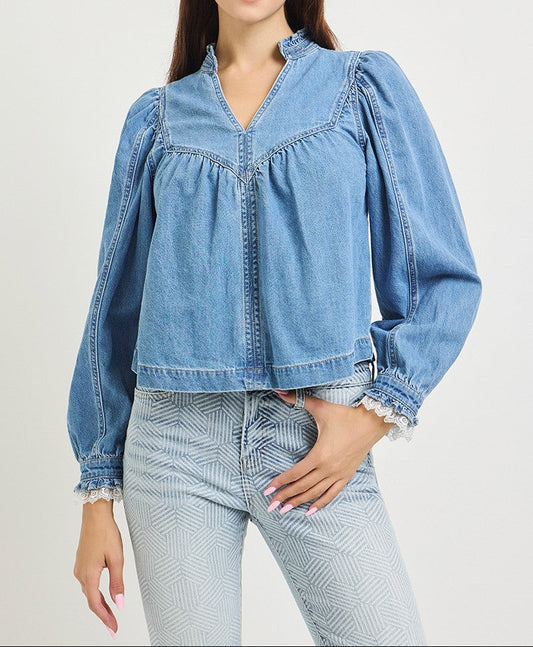 Pull On Denim Blouse With Lace Up Sleeve Details