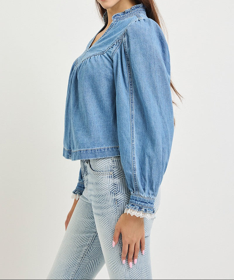 Pull On Denim Blouse With Lace Up Sleeve Details