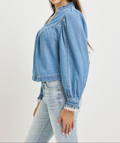 Pull On Denim Blouse With Lace Up Sleeve Details