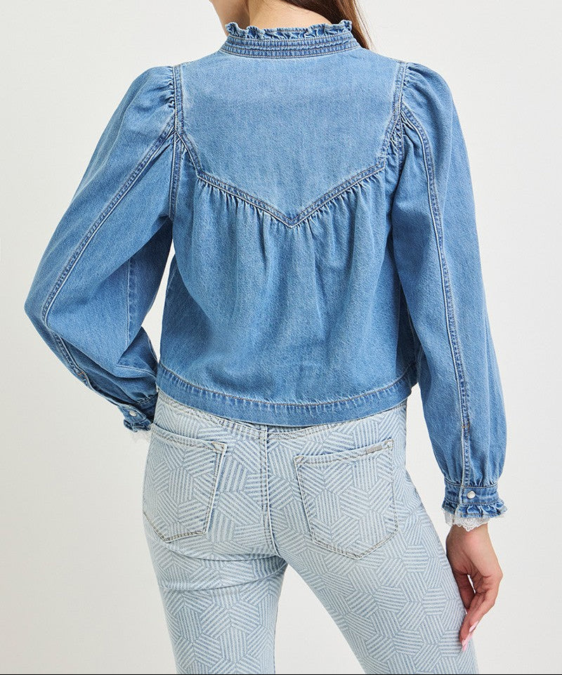 Pull On Denim Blouse With Lace Up Sleeve Details