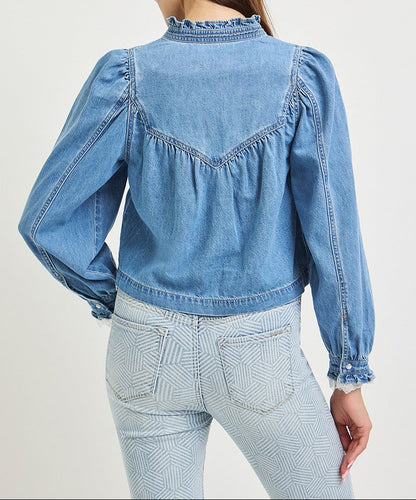 Pull On Denim Blouse With Lace Up Sleeve Details
