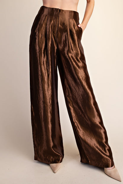 Metallic Brown High-waist Pleated Pants