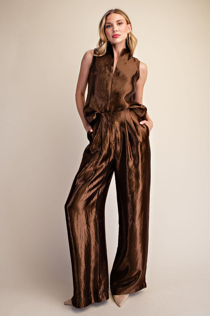 Metallic Brown High-waist Pleated Pants