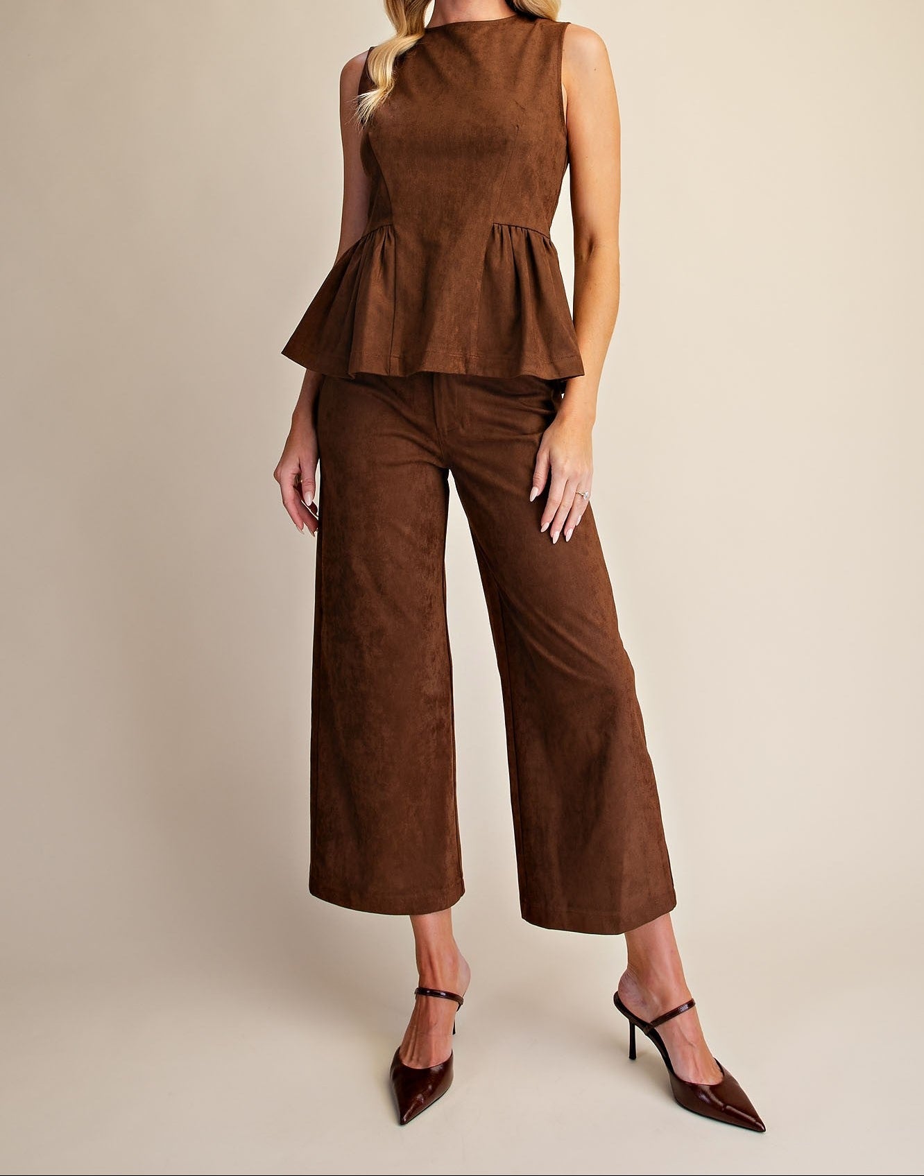 Faux Suede High Waist Wide Crop Pants